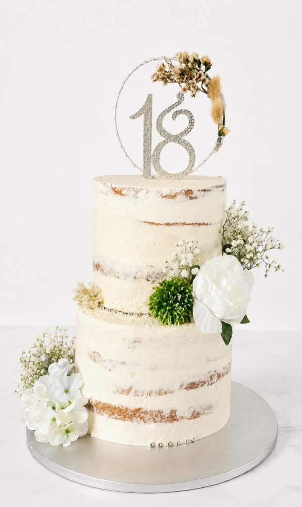 Cake design deux étages pour un dix-huitième anniversaire, blanc et fleuri