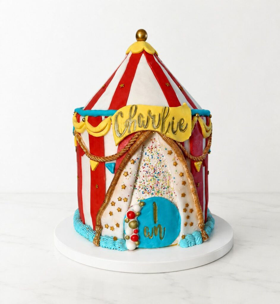 Cake design en forme de chapiteau de cirque rouge, blanc et or