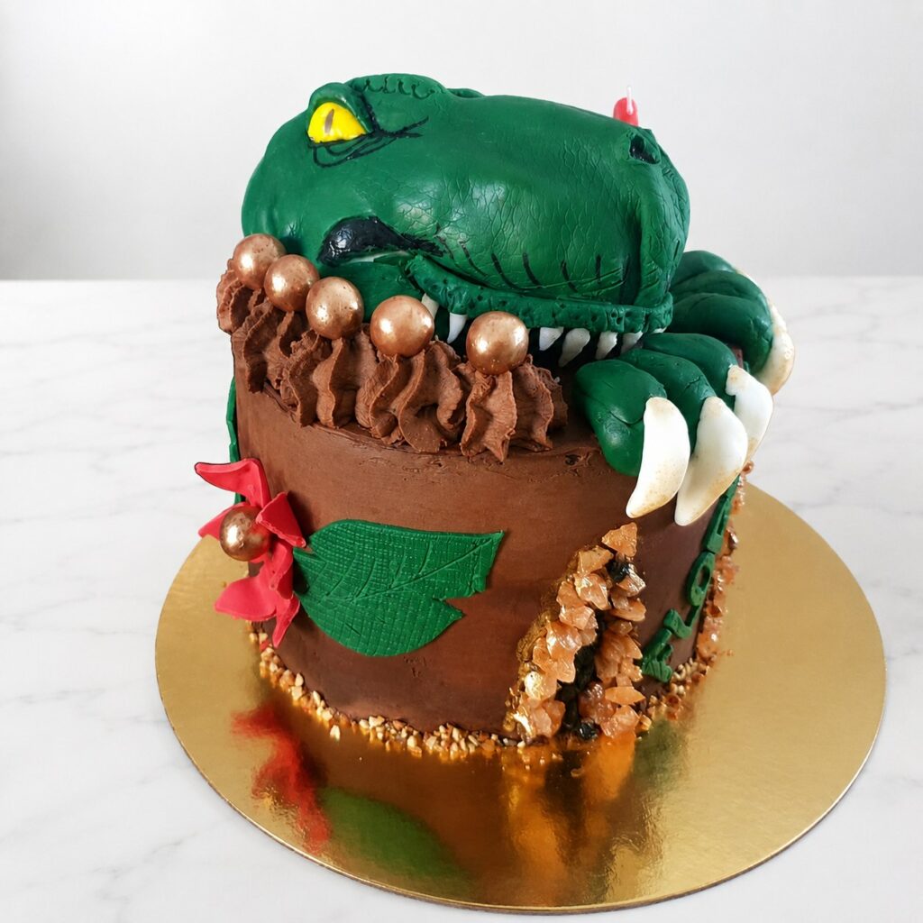 Cake design dinosaure vert et chocolat