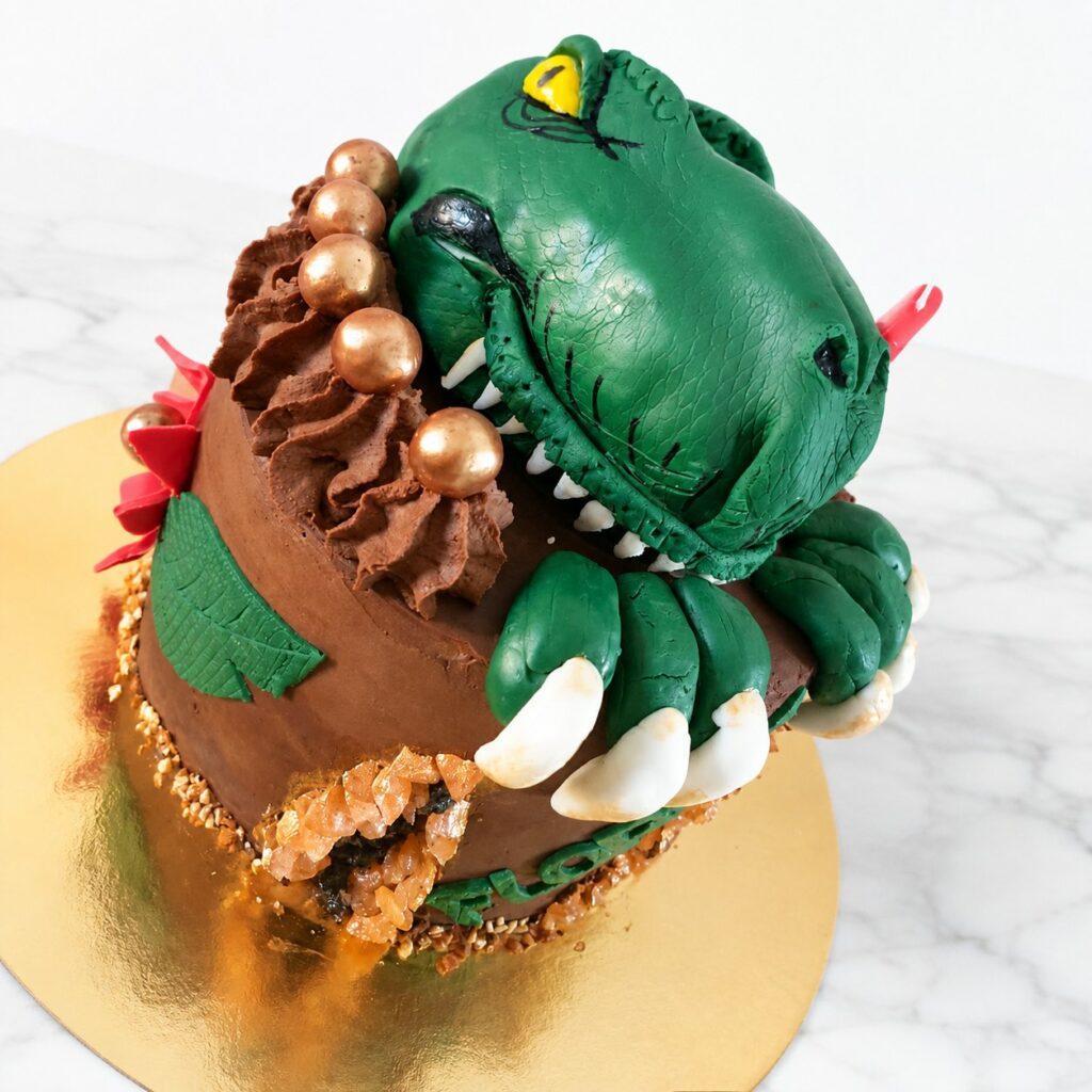 Détail du cake design dinosaure vert