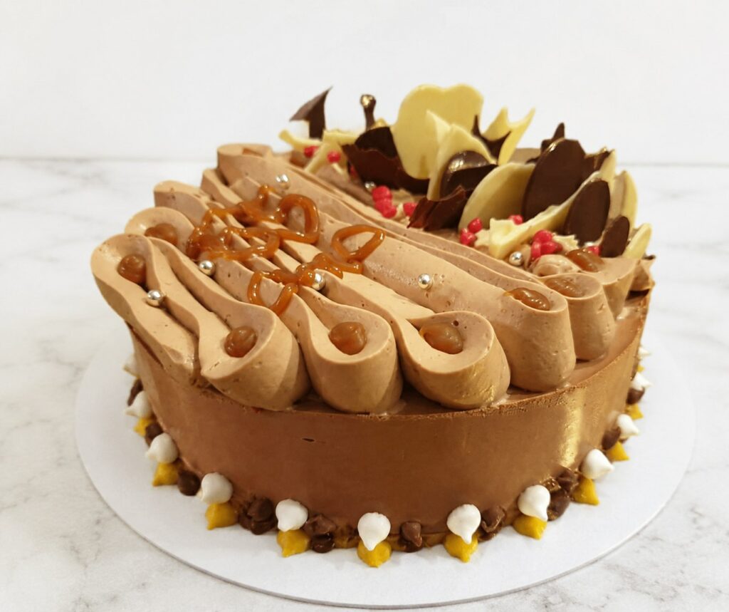 Entremets au chocolat et caramel, décoré de copeaux bicolores