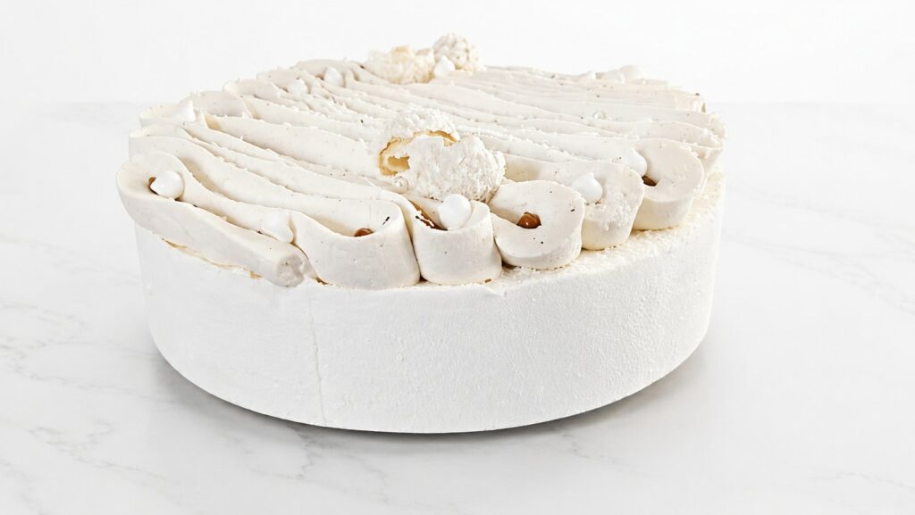 Entremets blanc à la noix de coco vu de profil