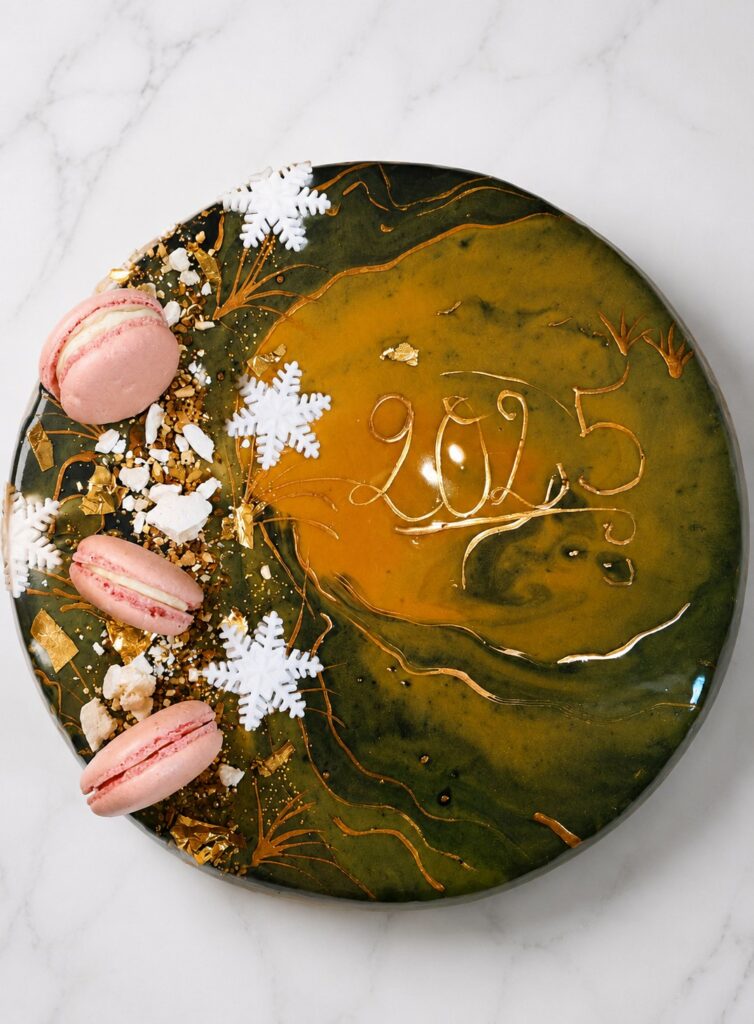 Entremets de fête vert et or, décoré de macarons et flocons