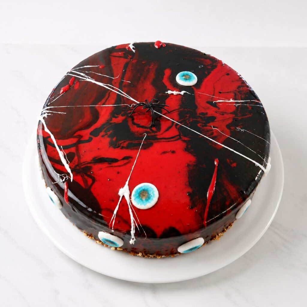 Entremets d’Halloween au glaçage miroir rouge et noir, décoré de toiles, d’yeux et d’une araignée