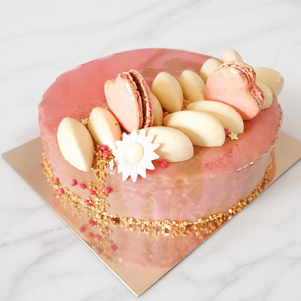 Entremets rose au glaçage miroir, macarons et pétales blancs