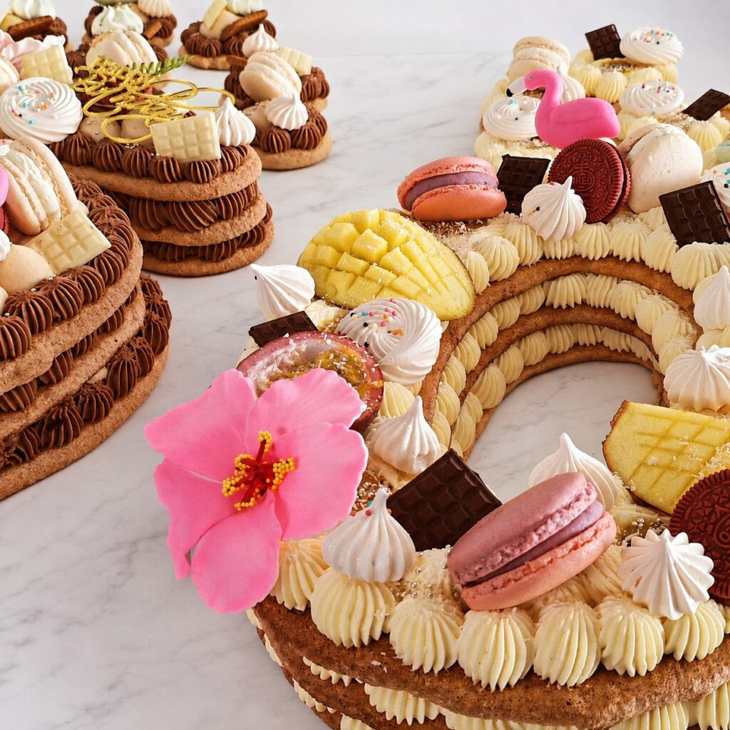 Number cake tropical au chocolat, mangue et fleurs