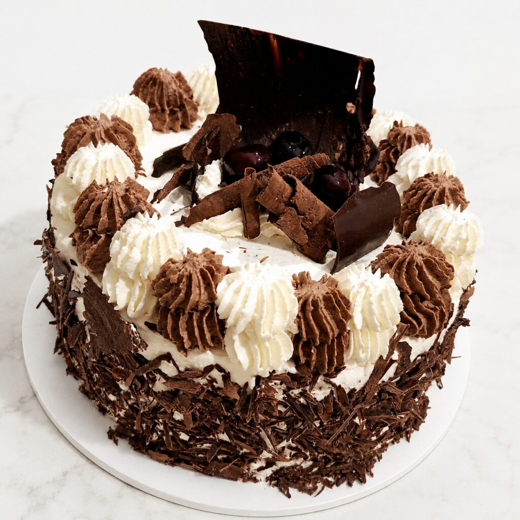 Forêt-noire décorée de crème chantilly, de copeaux de chocolat noir et de cerises