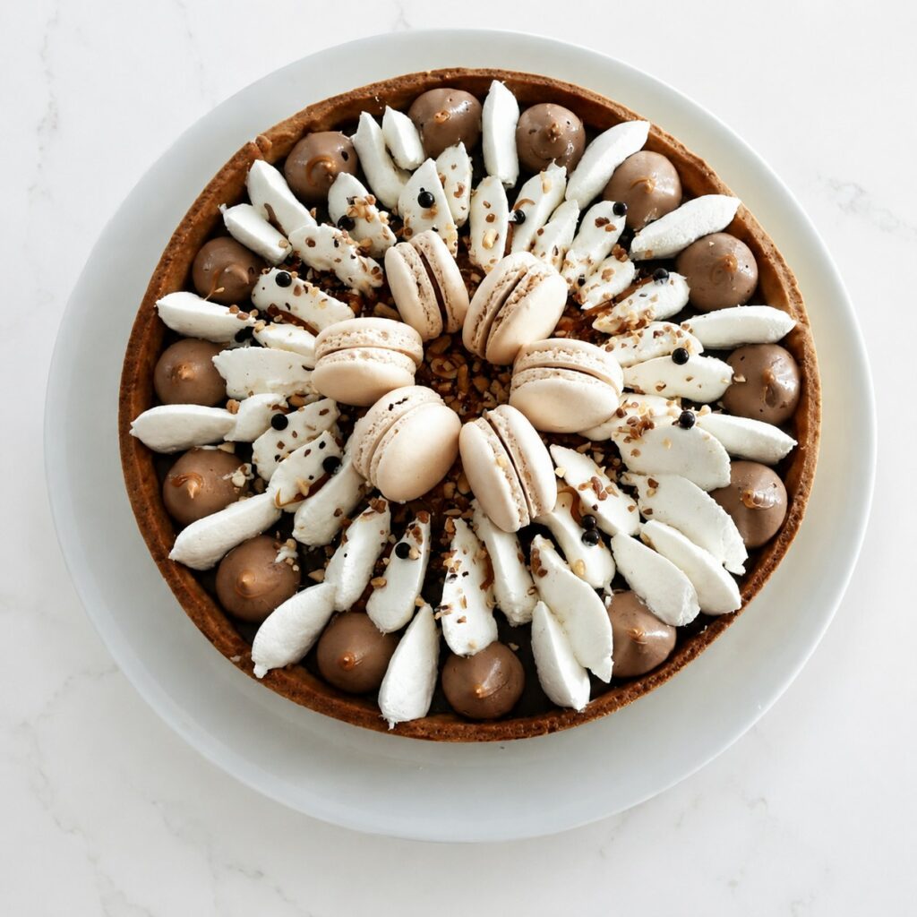 Tarte au chocolat décorée de ganache, de crème, de macarons et de noisettes caramélisées