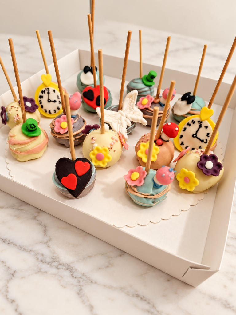 Cake pops décorés sur le thème d’Alice au pays des merveilles
